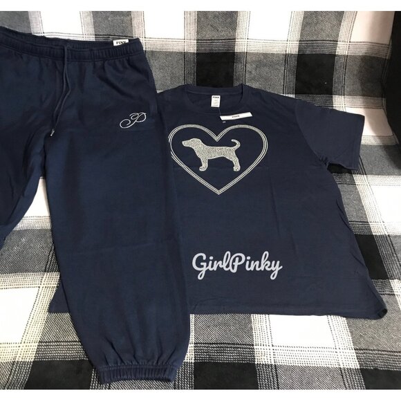 VS PINK SWEATPANTS OUTFIT & CAMPUS SHORT SLEEVE TEE IN NAVY BLUE & BLING XS-XXL - Picture 4 of 10